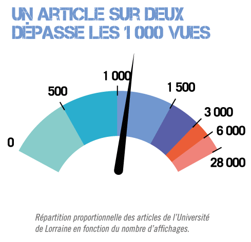 Un article sur deux dépasse les 1000 vues (répartition proportionnelle des articles de l'Université de Lorraine en fonction du nombre d'affichages).