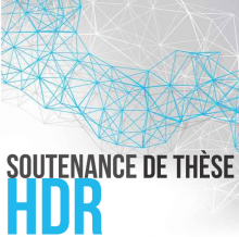 Illustration abstraite à motif géométrique gris et bleu avec la mention "Soutenance de thèse HDR".