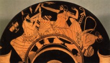 Vulci (Latium). Détail de coupe attique à figures rouges avec représentation de symposion, 500-460 av. J.-C. Roma, Museo Gregoriano Etrusco (Musei Vaticani)