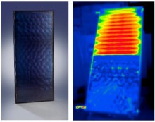 Prototype de capteur hybride : standard (partie basse) et thermochrome (partie haute). Mise en évidence de l’effet thermochrome - augmentation du rayonnement thermique - à l’aide d’une caméra infrarouge. © Viessmann, CC BY