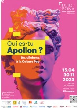 Affiche : tête de l'Apollon du Belvédère sur fonds rose, avec le texte "Qui es-tu Apollon ? De Juliobona à la culture pop", 16-04/30-11-2023, Musée Juliobona