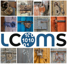 Logo LCOMS devant un mur d'images de cadenas à clés