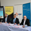 Melchior Faure (CNRS), Etienne Brière (EDF) et Alain Hehn (Université de Lorraine), signent la convention reconduisant le labcom Mélusine