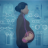 femme enceinte, dessin foetus relié à la gorge de la maman par un cordon rose