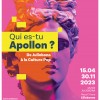Affiche : tête de l'Apollon du Belvédère sur fonds rose, avec le texte "Qui es-tu Apollon ? De Juliobona à la culture pop", 16-04/30-11-2023, Musée Juliobona
