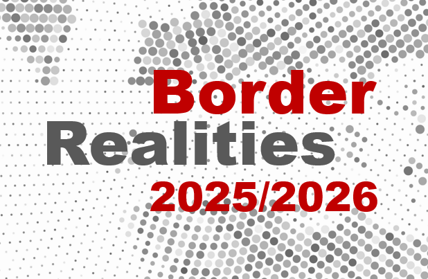 Logo de la série de séminaires: fonds en points, inscription border realities en gris et indication 2025/2026 en rouge