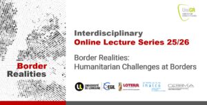 Carton d'invitation au cycle de conférence Border Realities: Humanitarian challenges at Borders. Elle présente du cycle de conférence et rappel qui se tiendra en ligne. En bas à droite figurent les logos des différents centres de recherche et universités : l'UL, le CEGIl, le LOTERR, l'Inalco et le CESSMA. Dans l'angle en haut à droite figure le logo de l'UniGR-CBS. La partie gauche est occupée par le logo du cycle de conférences : une constellation de points gris avec l'inscription Border en rouge, et Realities en gris foncé.