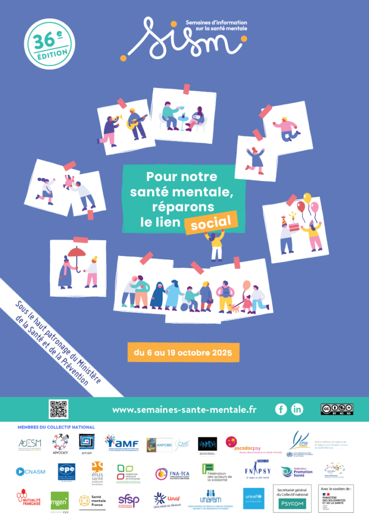 Affiche officielle représentant des personnages dans des situations sociales (anniversaire, autour d'un café, en faisant de la musique, etc.). Ces images entourent le thème des SISM 2025 : Pour notre santé mentale, réparons le lien social